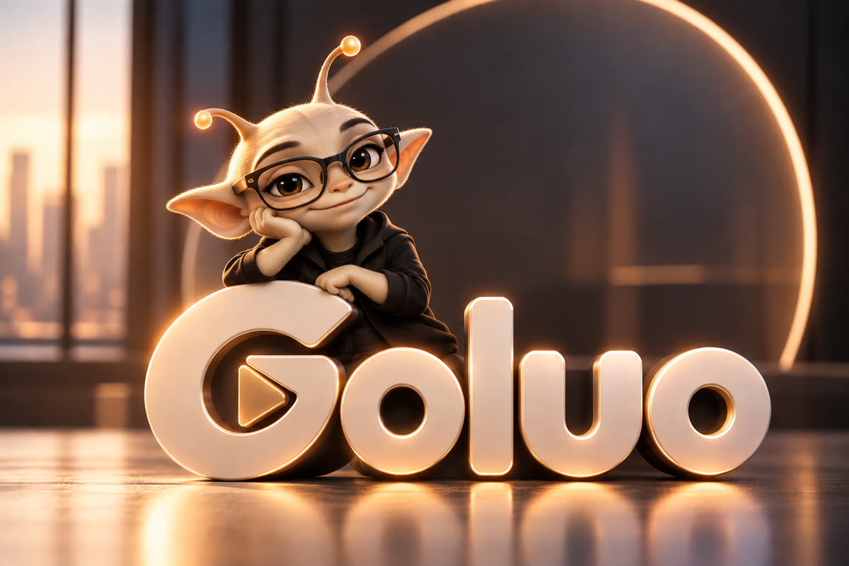 The Goluo mascot smiles, leaning on the glowing Goluo logo.